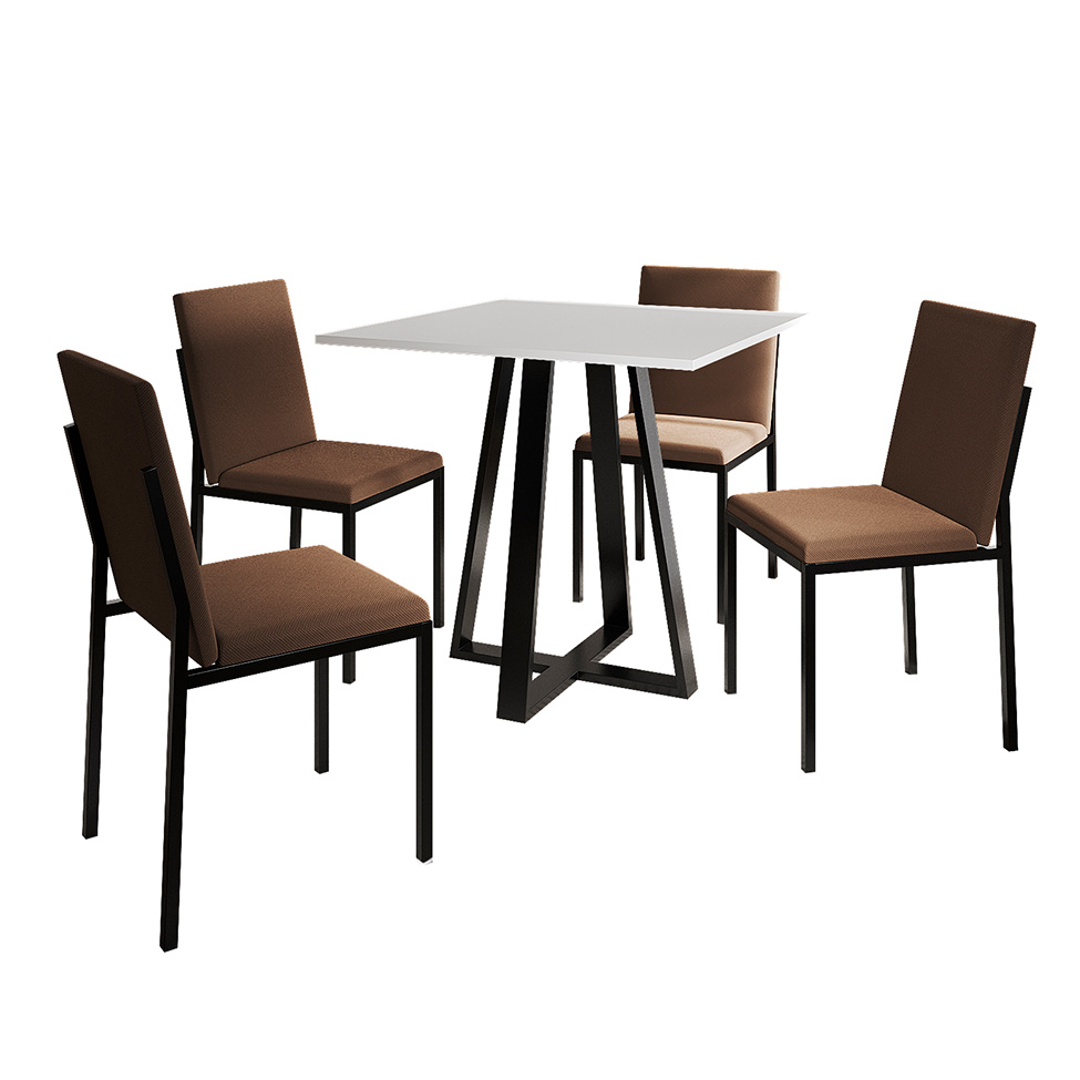 Conjunto de Mesa de Jantar com Tampo Branco e 4 Cadeiras Mônaco Veludo Marrom e Preto