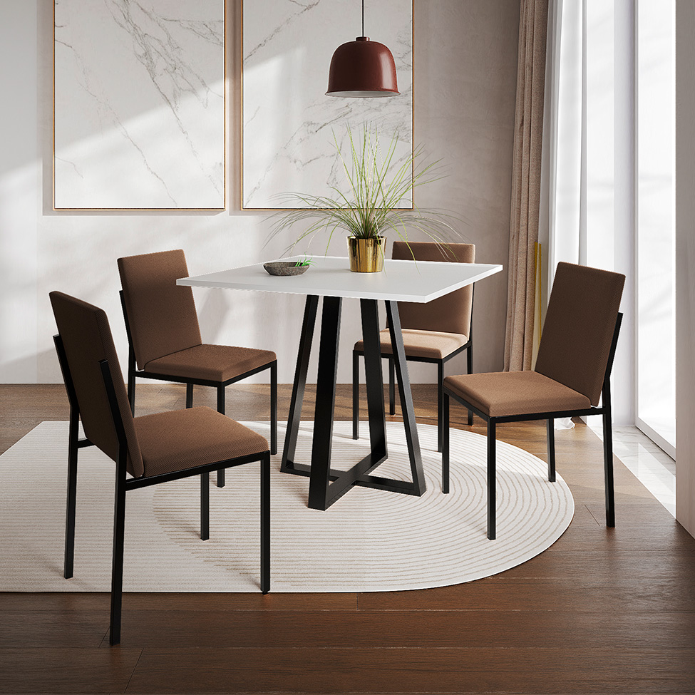 Conjunto de Mesa de Jantar com Tampo Branco e 4 Cadeiras Mônaco Veludo Marrom e Preto