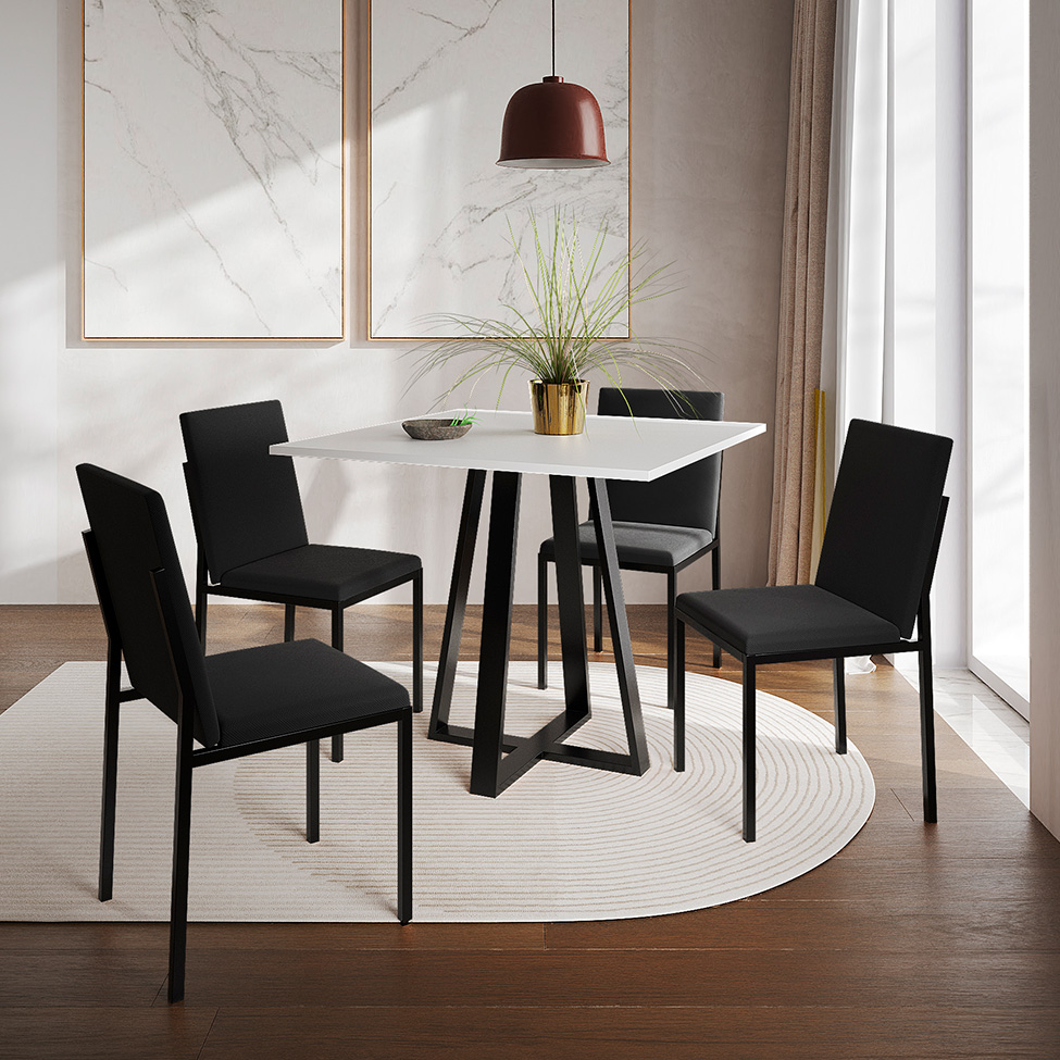 Conjunto de Mesa de Jantar com Tampo Branco e 4 Cadeiras Mônaco Veludo Preto