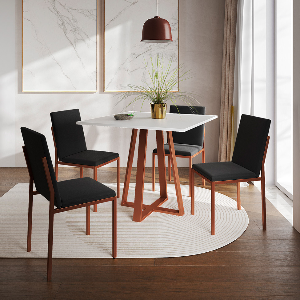 Conjunto de Mesa de Jantar com Tampo Branco e 4 Cadeiras Mônaco Veludo Preto e Cobre