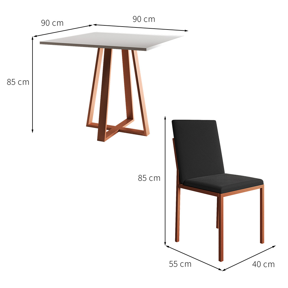 Conjunto de Mesa de Jantar com Tampo Branco e 4 Cadeiras Mônaco Veludo Preto e Cobre