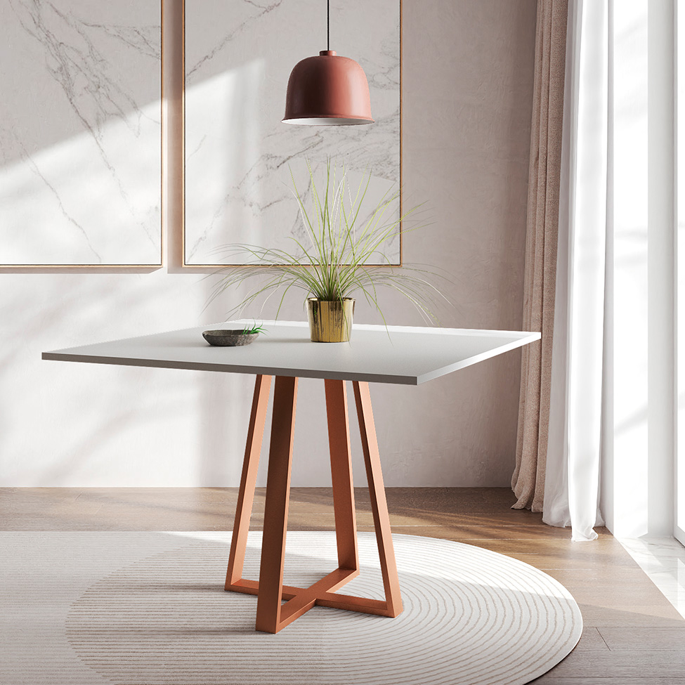 Conjunto de Mesa de Jantar com Tampo Branco e 4 Cadeiras Mônaco Veludo Preto e Cobre