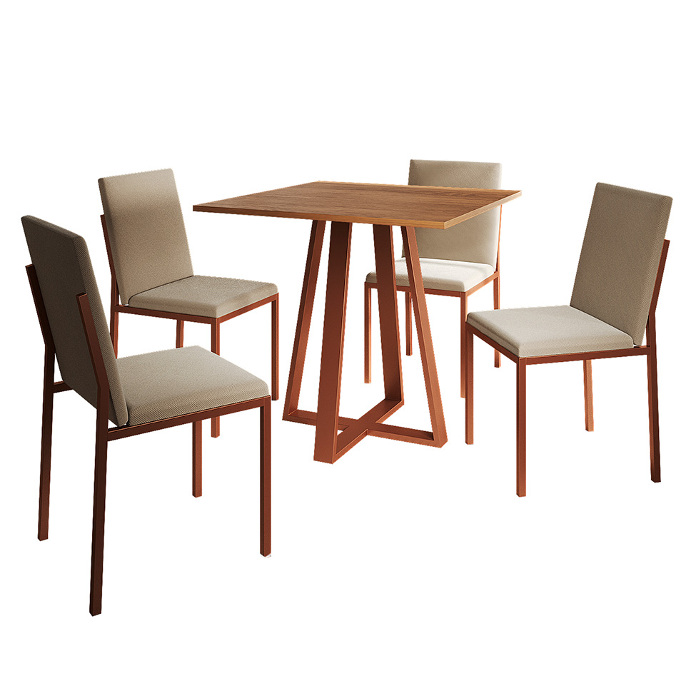 Conjunto de Mesa de Jantar com Tampo Imbuia e 4 Cadeiras Mônaco Veludo Bege e Cobre