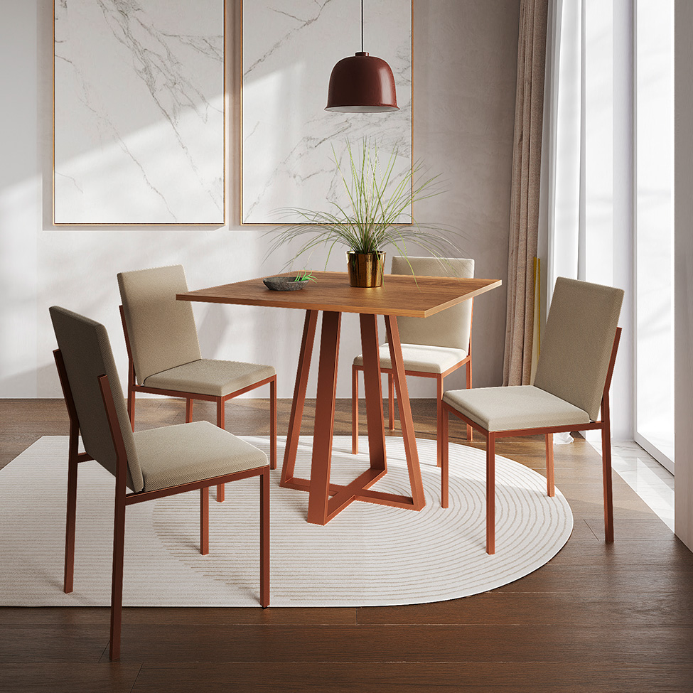 Conjunto de Mesa de Jantar com Tampo Imbuia e 4 Cadeiras Mônaco Veludo Bege e Cobre
