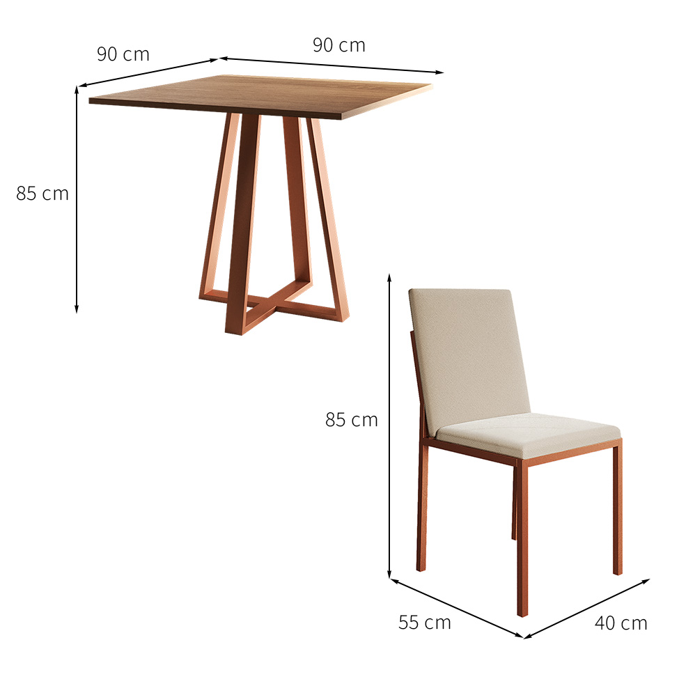 Conjunto de Mesa de Jantar com Tampo Imbuia e 4 Cadeiras Mônaco Veludo Bege e Cobre