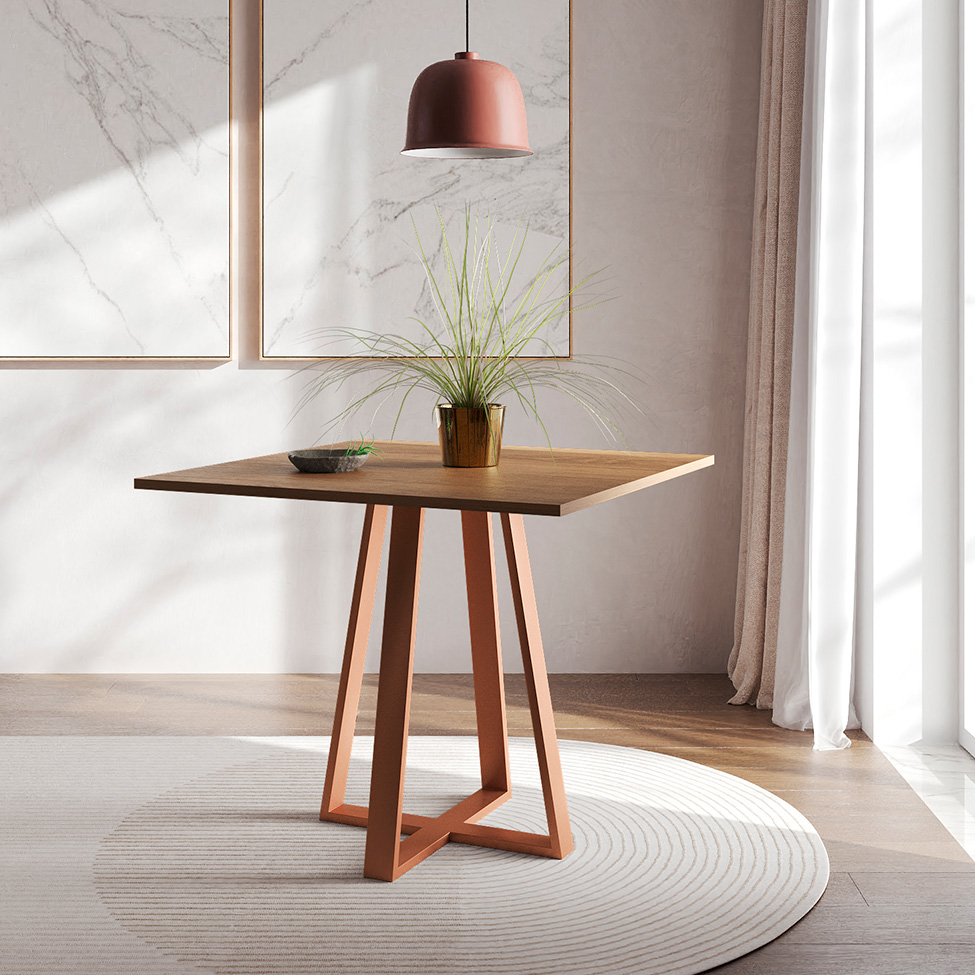 Conjunto de Mesa de Jantar com Tampo Imbuia e 4 Cadeiras Mônaco Veludo Bege e Cobre