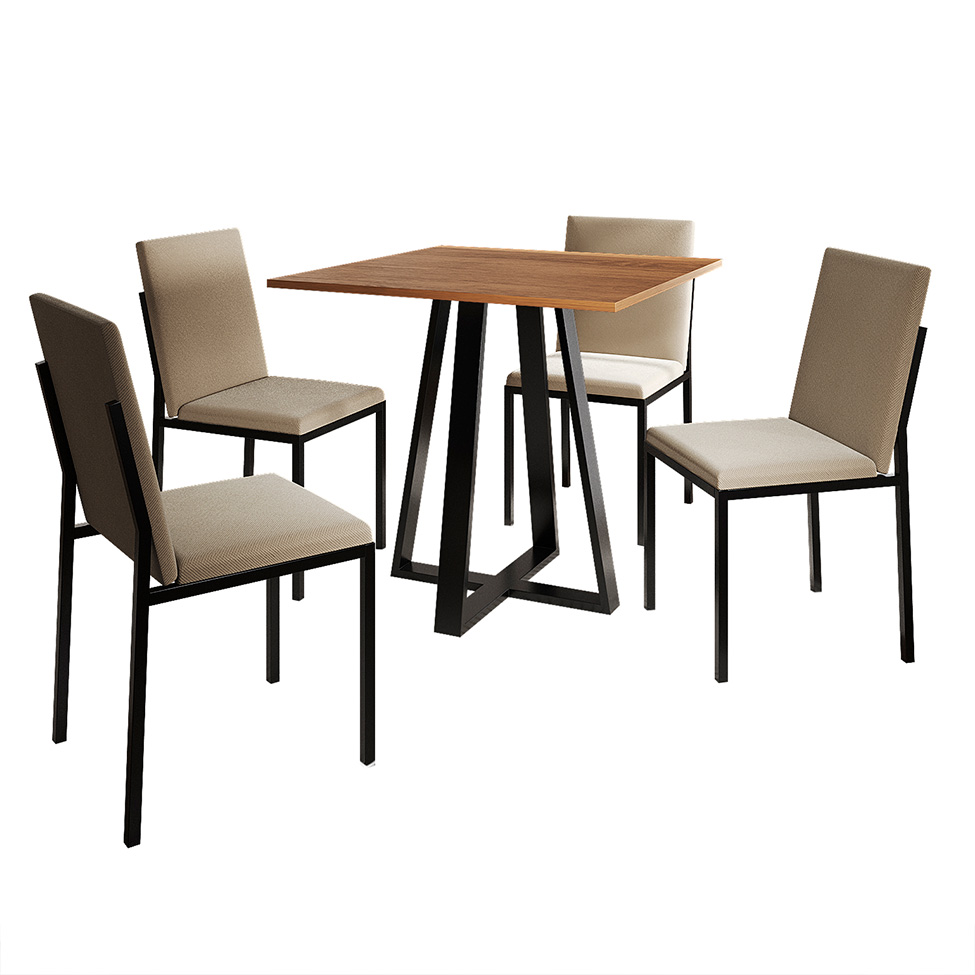 Conjunto de Mesa de Jantar com Tampo Imbuia e 4 Cadeiras Mônaco Veludo Bege e Preto