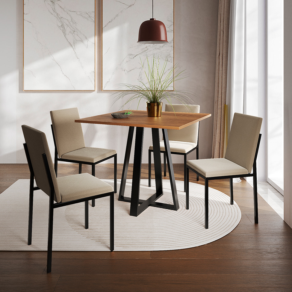 Conjunto de Mesa de Jantar com Tampo Imbuia e 4 Cadeiras Mônaco Veludo Bege e Preto