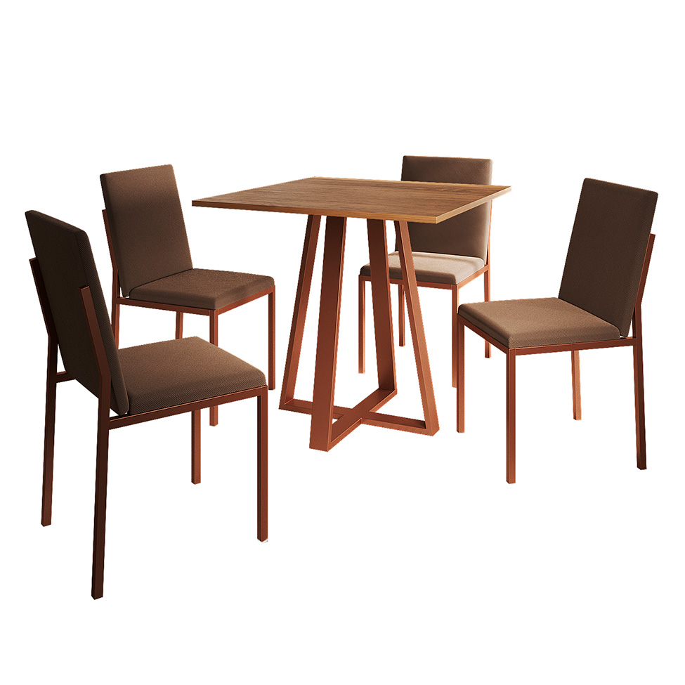 Conjunto de Mesa de Jantar com Tampo Imbuia e 4 Cadeiras Mônaco Veludo Marrom e Cobre