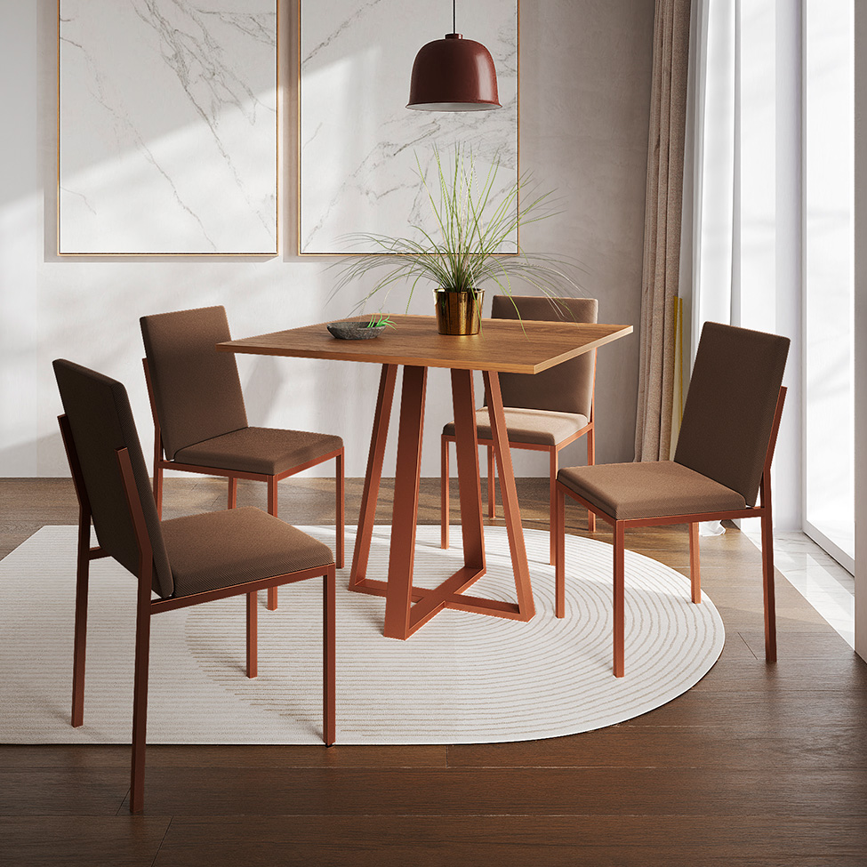 Conjunto de Mesa de Jantar com Tampo Imbuia e 4 Cadeiras Mônaco Veludo Marrom e Cobre
