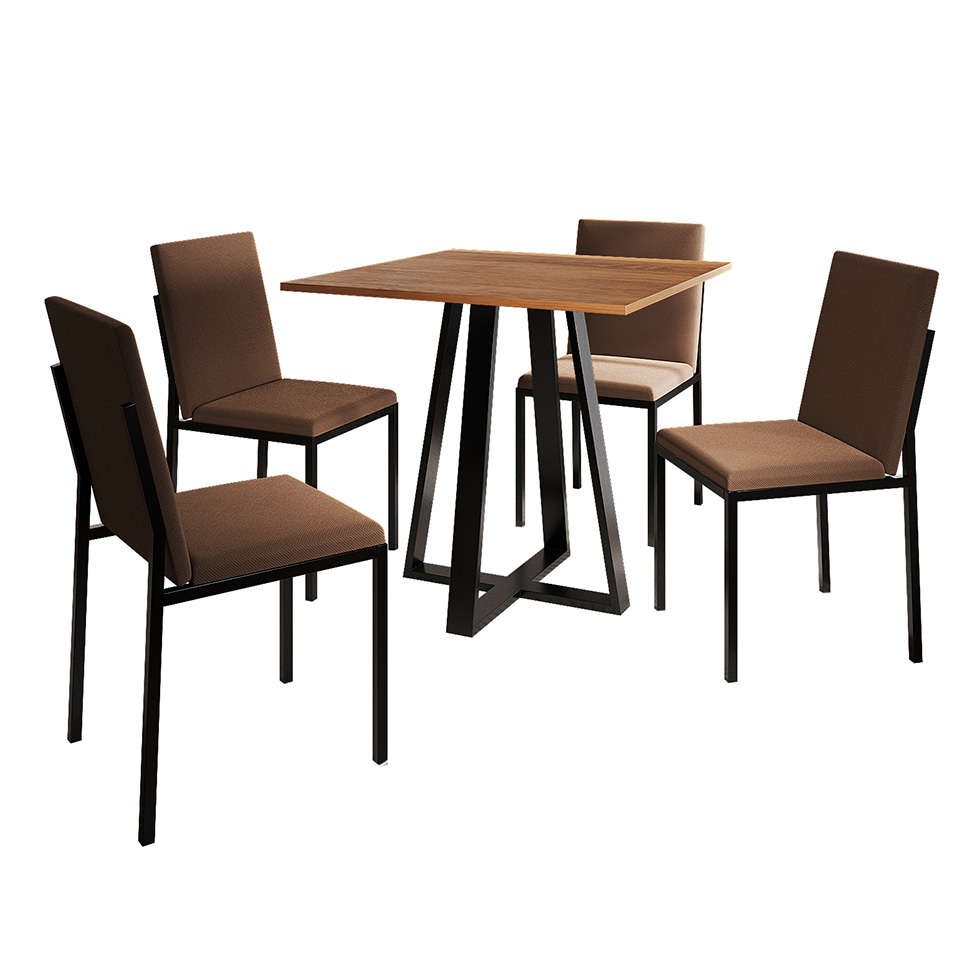 Conjunto de Mesa de Jantar com Tampo Imbuia e 4 Cadeiras Mônaco Veludo Marrom e Preto