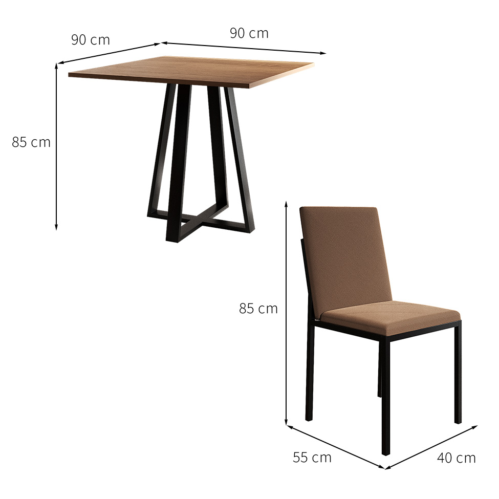 Conjunto de Mesa de Jantar com Tampo Imbuia e 4 Cadeiras Mônaco Veludo Marrom e Preto