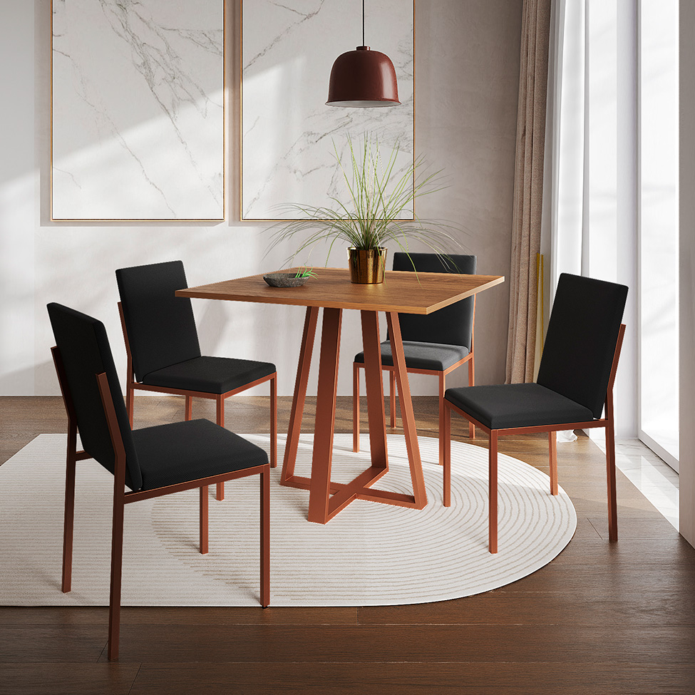 Conjunto de Mesa de Jantar com Tampo Imbuia e 4 Cadeiras Mônaco Veludo Preto e Cobre
