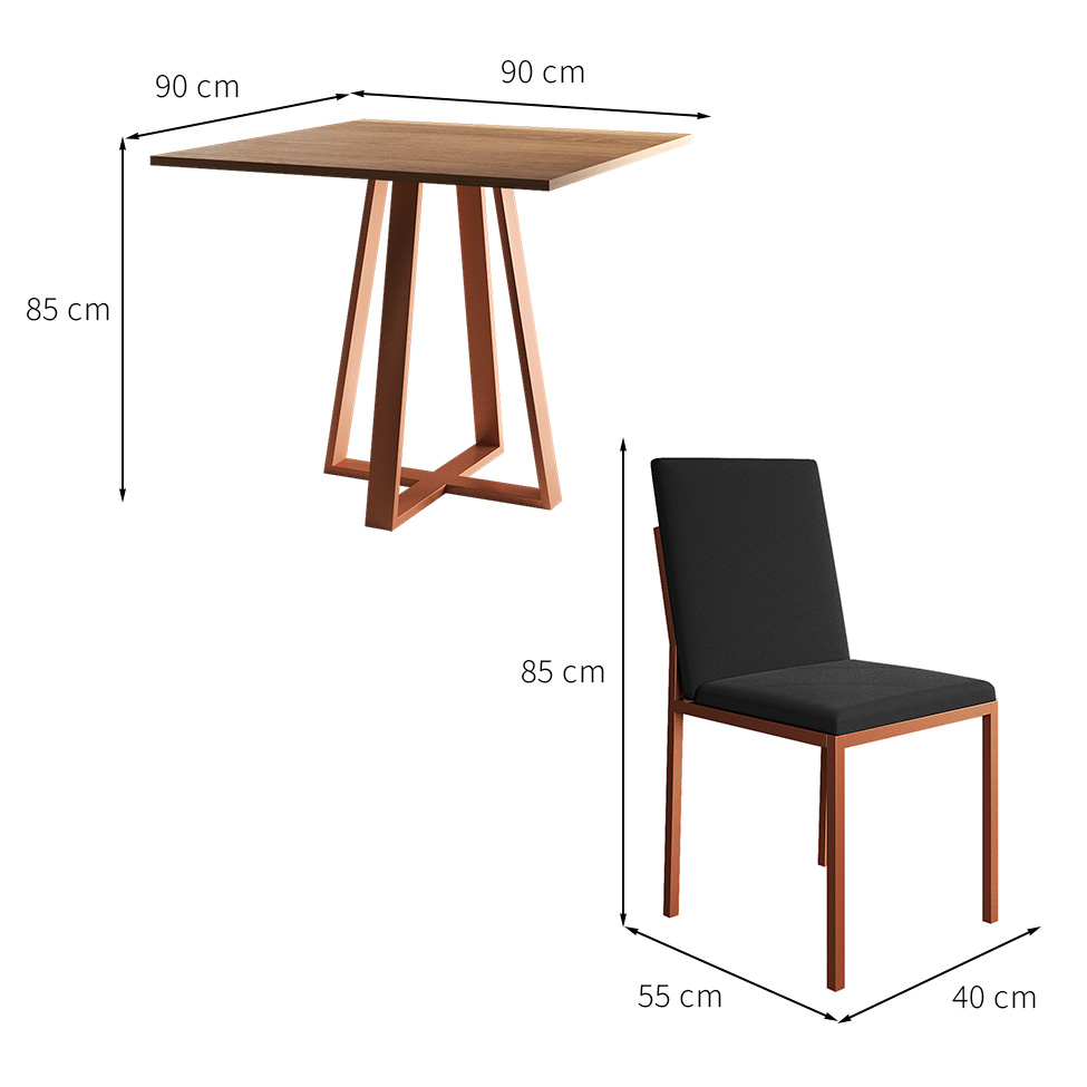 Conjunto de Mesa de Jantar com Tampo Imbuia e 4 Cadeiras Mônaco Veludo Preto e Cobre