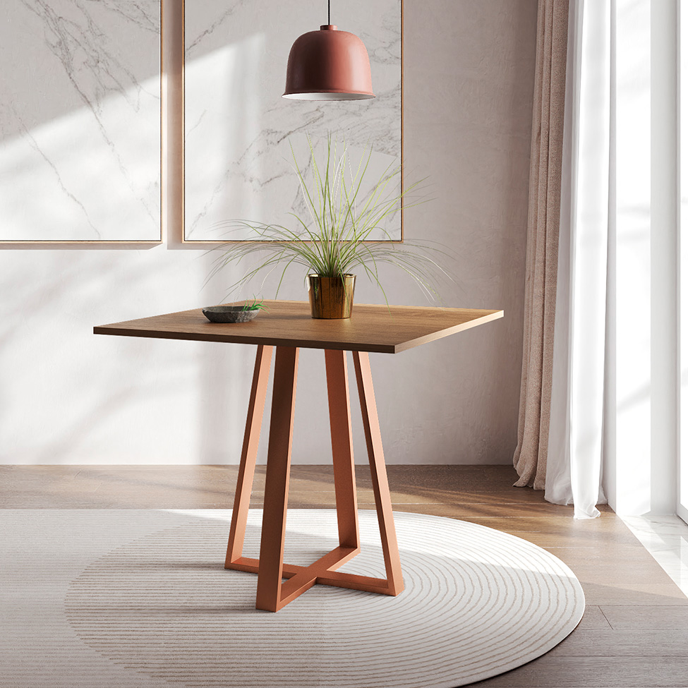 Conjunto de Mesa de Jantar com Tampo Imbuia e 4 Cadeiras Mônaco Veludo Preto e Cobre