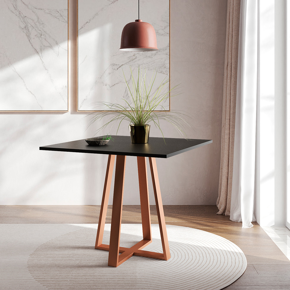 Conjunto de Mesa de Jantar com Tampo Preto e 4 Cadeiras Mônaco Veludo Bege e Cobre