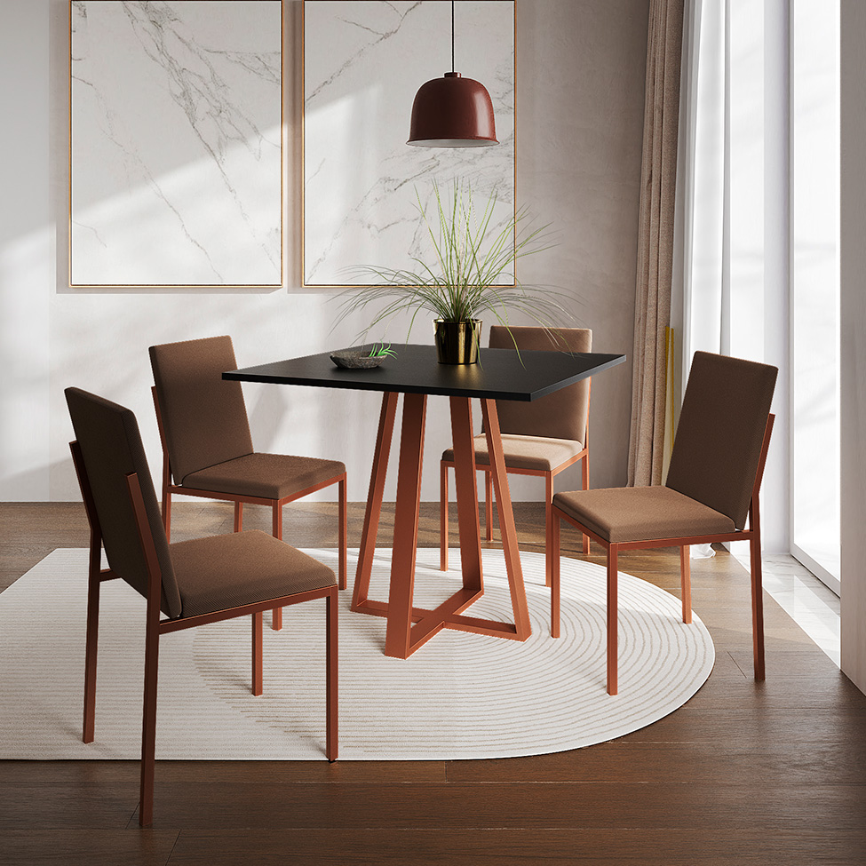 Conjunto de Mesa de Jantar com Tampo Preto e 4 Cadeiras Mônaco Veludo Marrom e Cobre