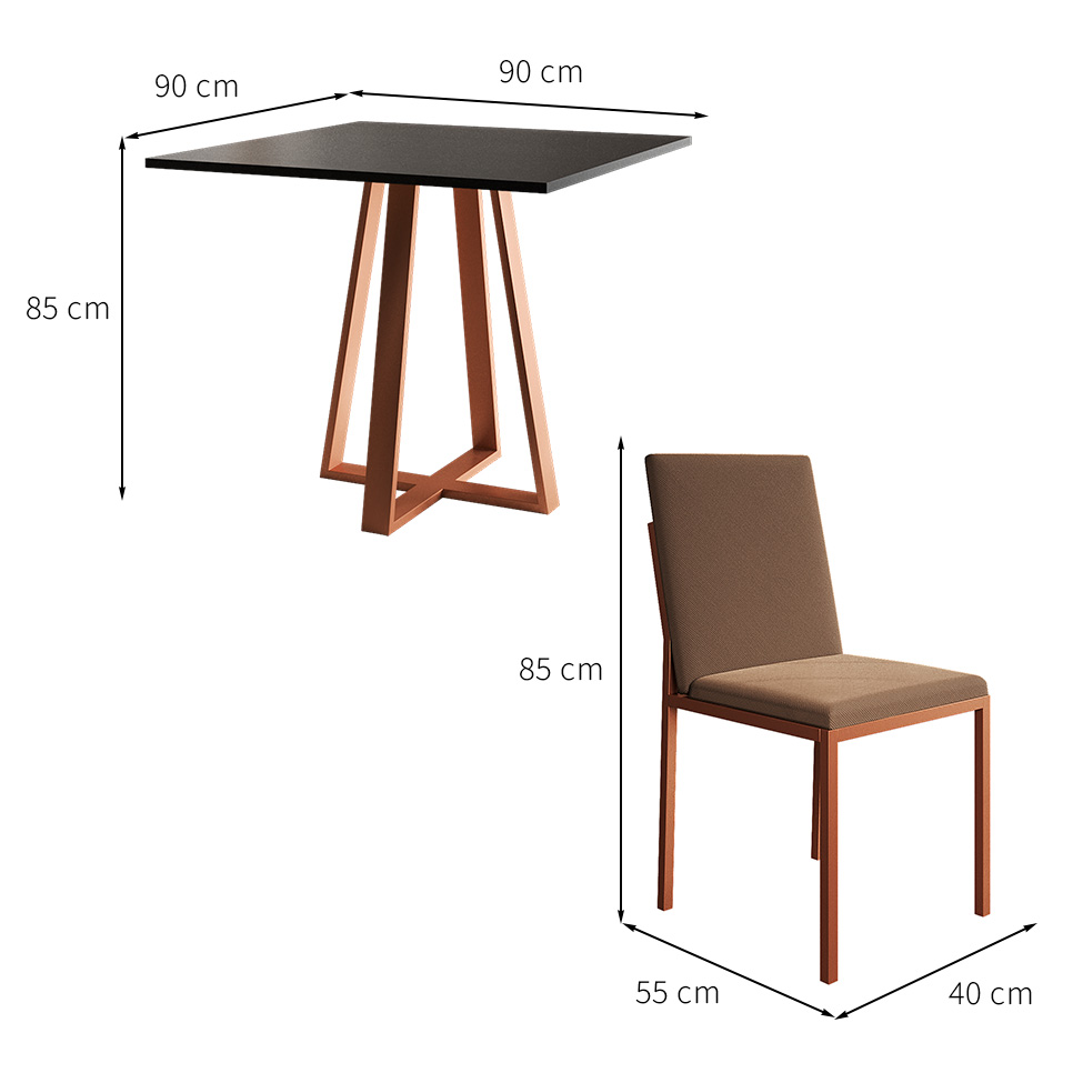 Conjunto de Mesa de Jantar com Tampo Preto e 4 Cadeiras Mônaco Veludo Marrom e Cobre