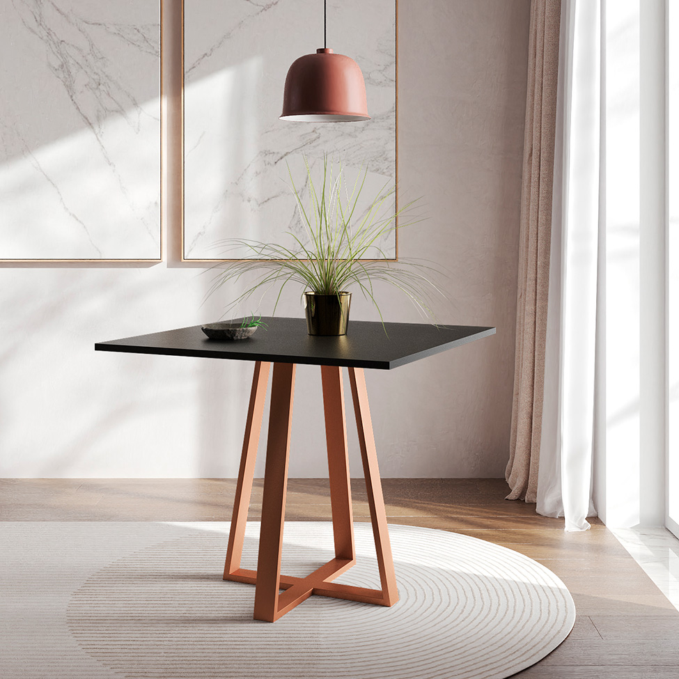 Conjunto de Mesa de Jantar com Tampo Preto e 4 Cadeiras Mônaco Veludo Marrom e Cobre