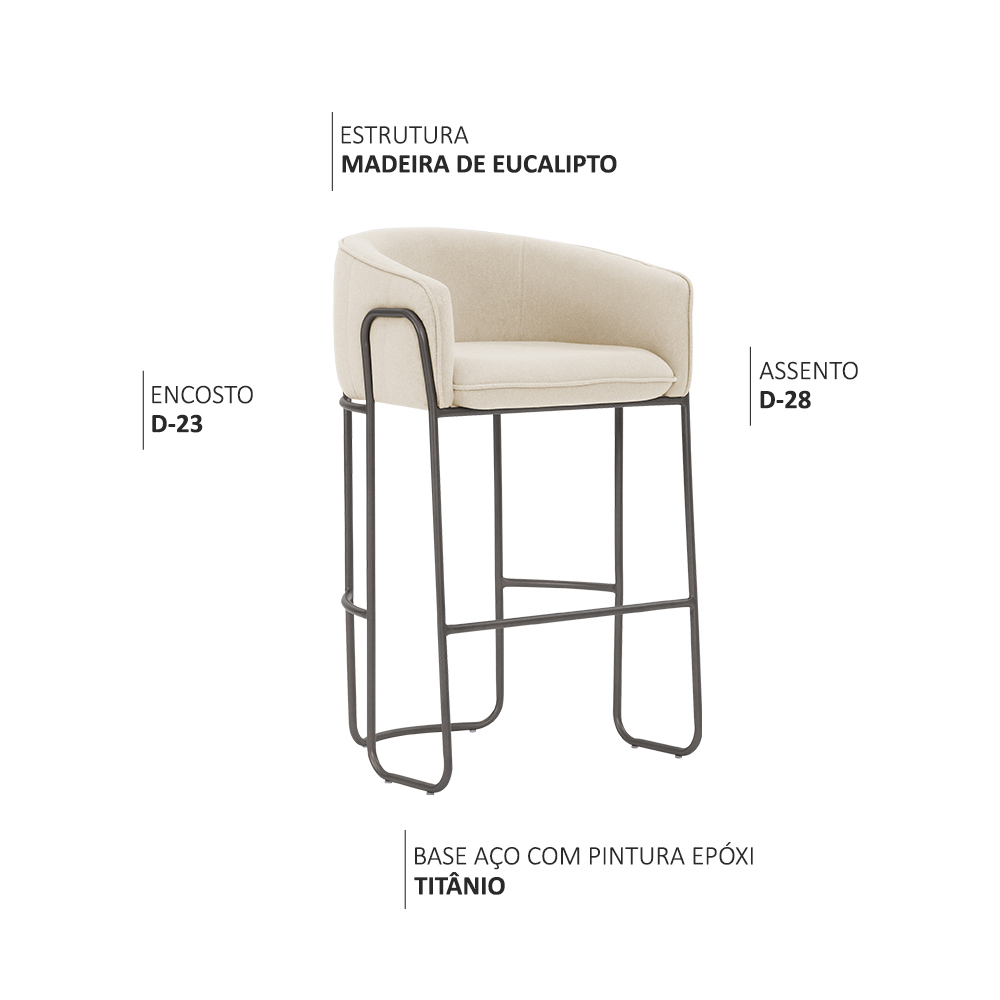 Banqueta com Encosto Marie Base Aço Titânio Linho Bege Mesclado - Nexta Casa