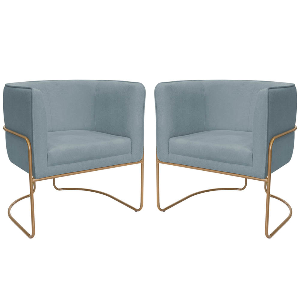 Kit 02 Poltronas Decorativas Betina Base Aço Ouro Fosco Bouclé Azul Claro - Nexta Casa