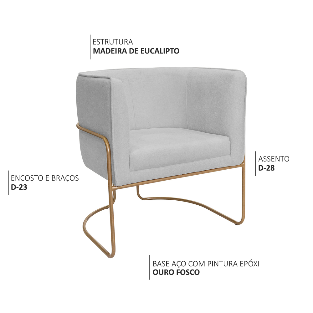 Kit 02 Poltronas Decorativas Betina Base Aço Ouro Fosco Bouclé Cinza Claro - Nexta Casa