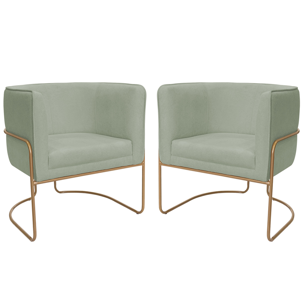 Kit 02 Poltronas Decorativas Betina Base Aço Ouro Fosco Bouclé Verde Claro - Nexta Casa