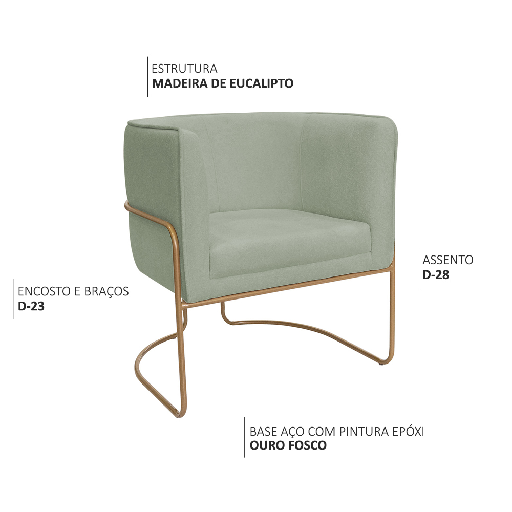 Kit 02 Poltronas Decorativas Betina Base Aço Ouro Fosco Bouclé Verde Claro - Nexta Casa