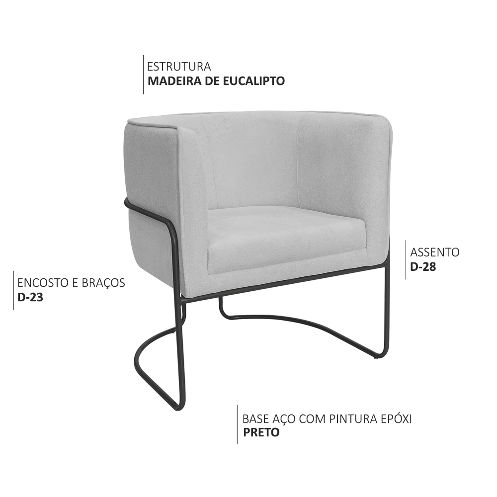 Kit 02 Poltronas Decorativas Betina Base Aço Preto Bouclé Cinza Claro - Nexta Casa