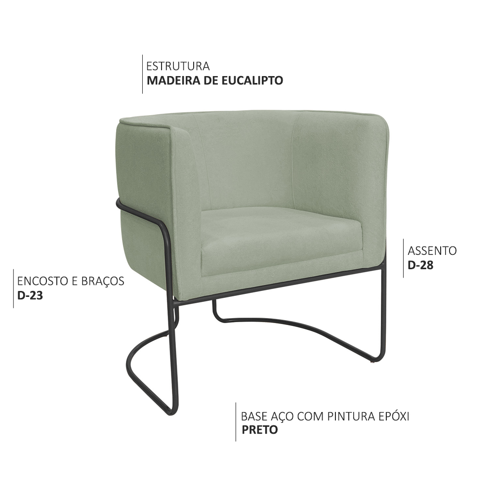 Kit 02 Poltronas Decorativas Betina Base Aço Preto Bouclé Verde Claro - Nexta Casa