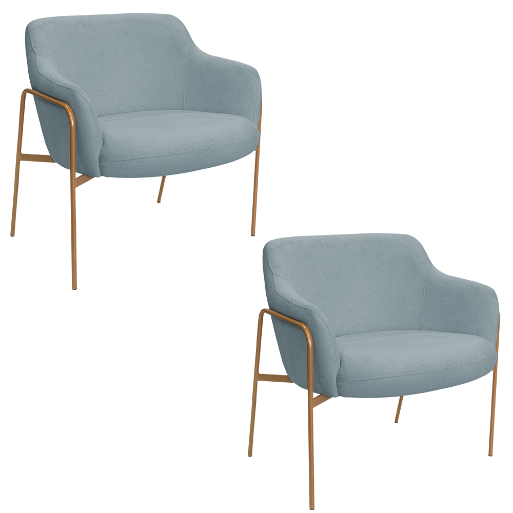 Kit 02 Poltronas Decorativas Jade Base Aço Ouro Fosco Bouclé Azul Claro - Nexta Casa