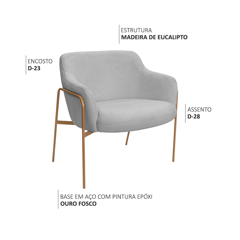 Kit 02 Poltronas Decorativas Jade Base Aço Ouro Fosco Bouclé Cinza Claro - Nexta Casa