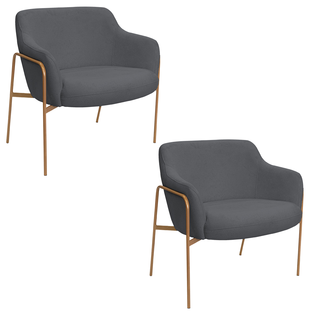 Kit 02 Poltronas Decorativas Jade Base Aço Ouro Fosco Bouclé Grafite - Nexta Casa