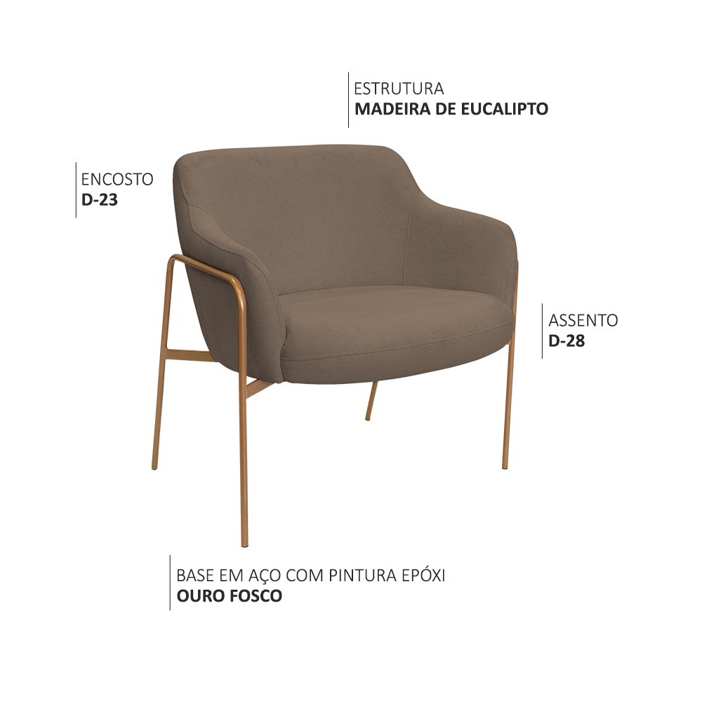 Kit 02 Poltronas Decorativas Jade Base Aço Ouro Fosco Bouclé Marrom - Nexta Casa