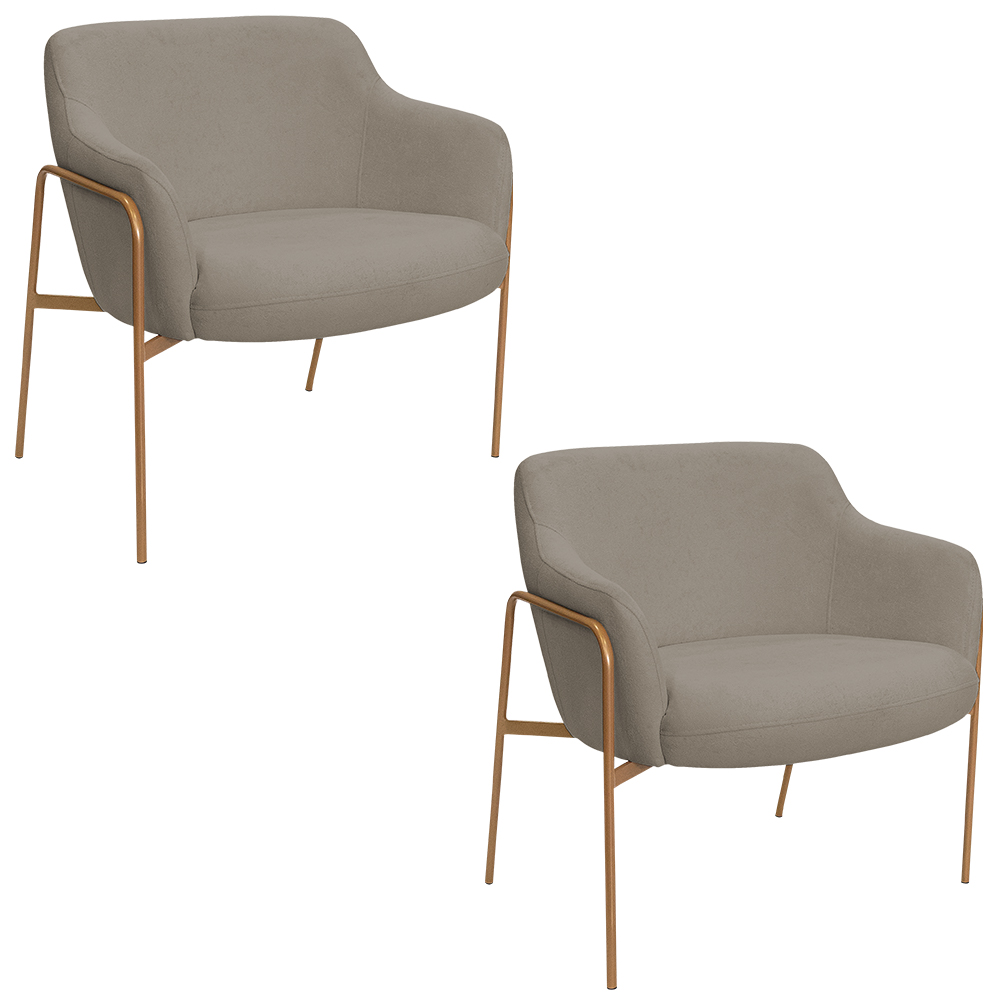 Kit 02 Poltronas Decorativas Jade Base Aço Ouro Fosco Bouclé Marrom Claro - Nexta Casa