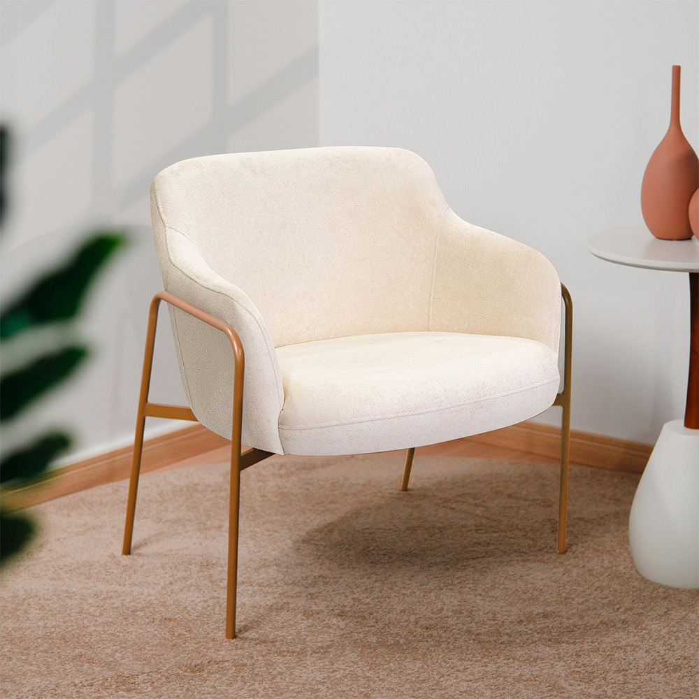 Kit 02 Poltronas Decorativas Jade Base Aço Ouro Fosco Bouclé Off White - Nexta Casa