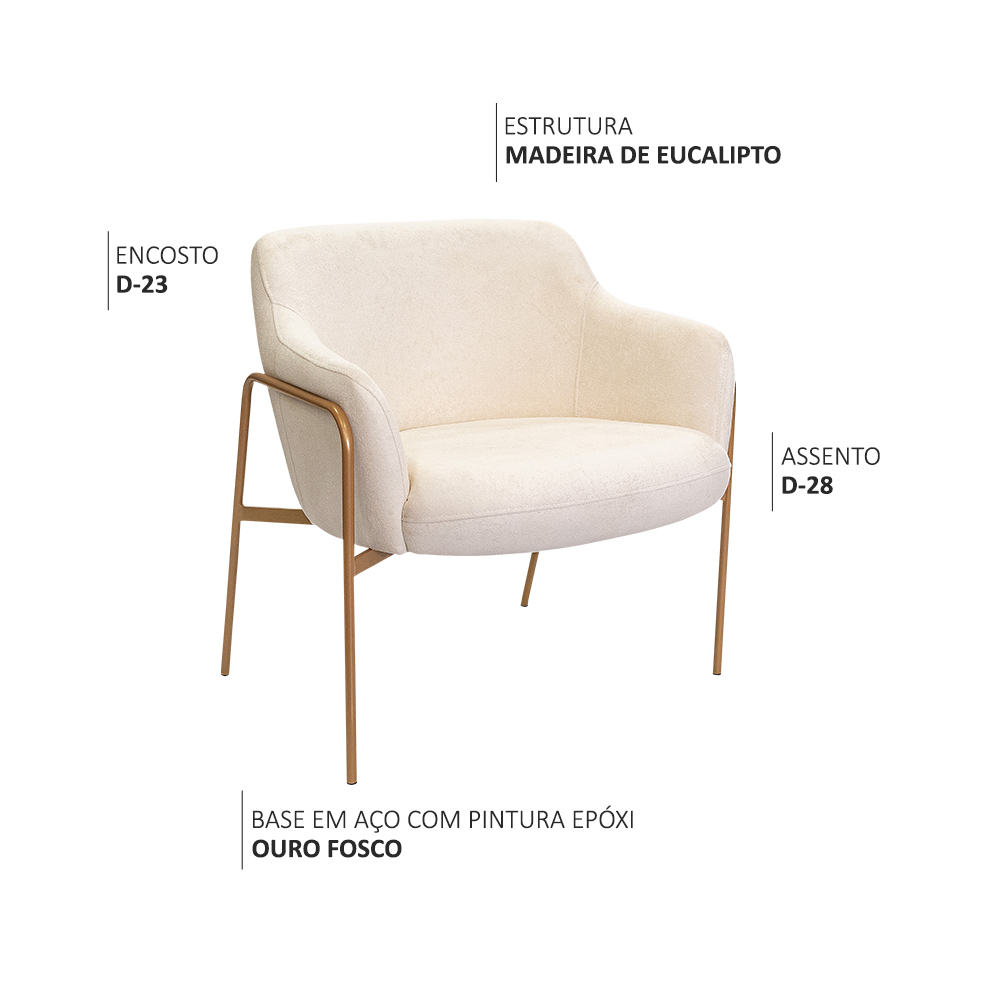 Kit 02 Poltronas Decorativas Jade Base Aço Ouro Fosco Bouclé Off White - Nexta Casa
