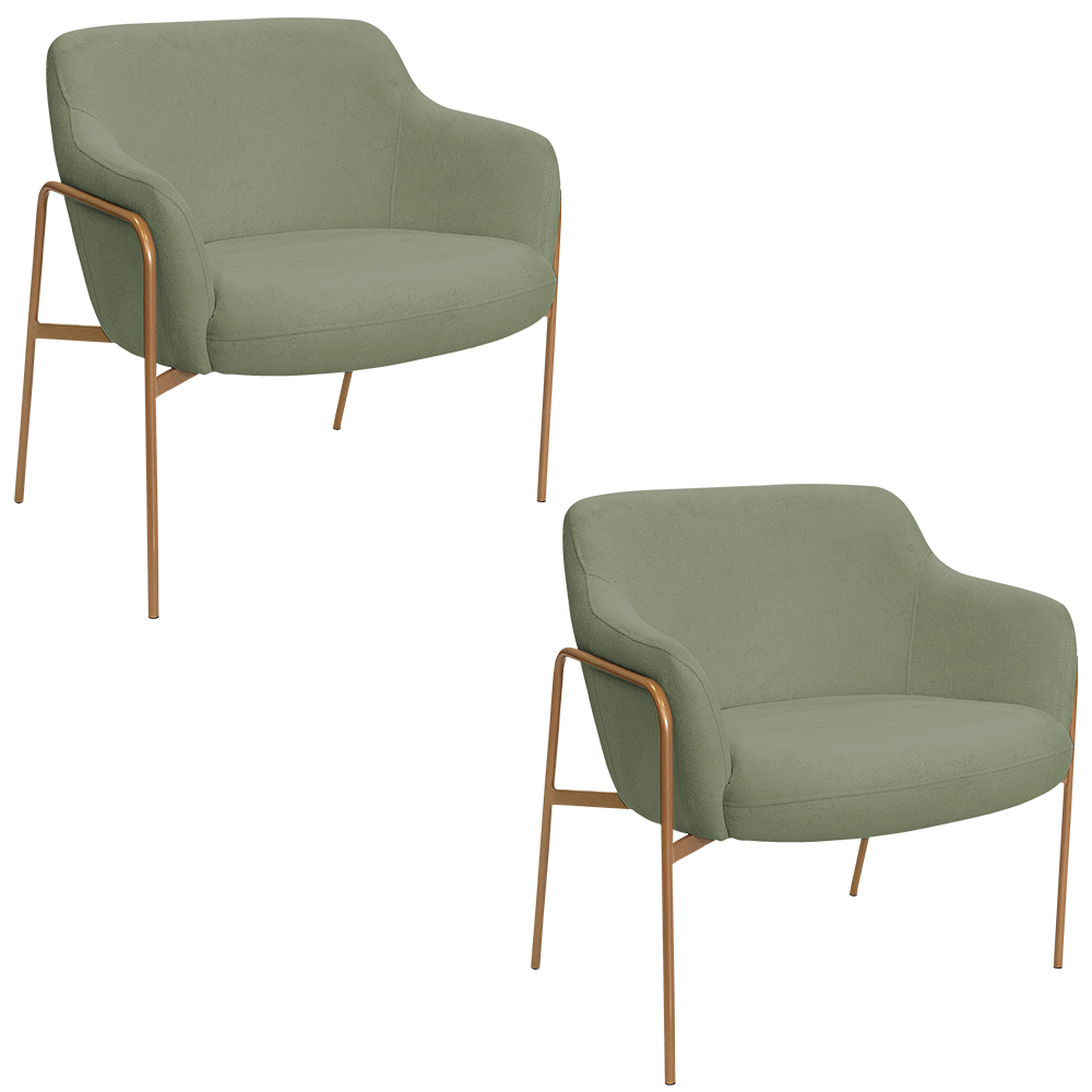Kit 02 Poltronas Decorativas Jade Base Aço Ouro Fosco Bouclé Verde Claro - Nexta Casa