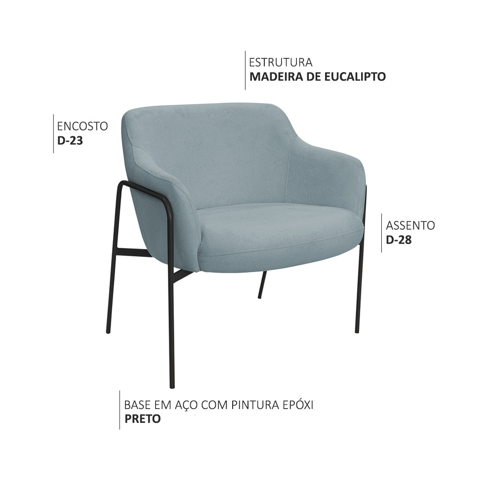 Kit 02 Poltronas Decorativas Jade Base Aço Preto Bouclé Azul Claro - Nexta Casa