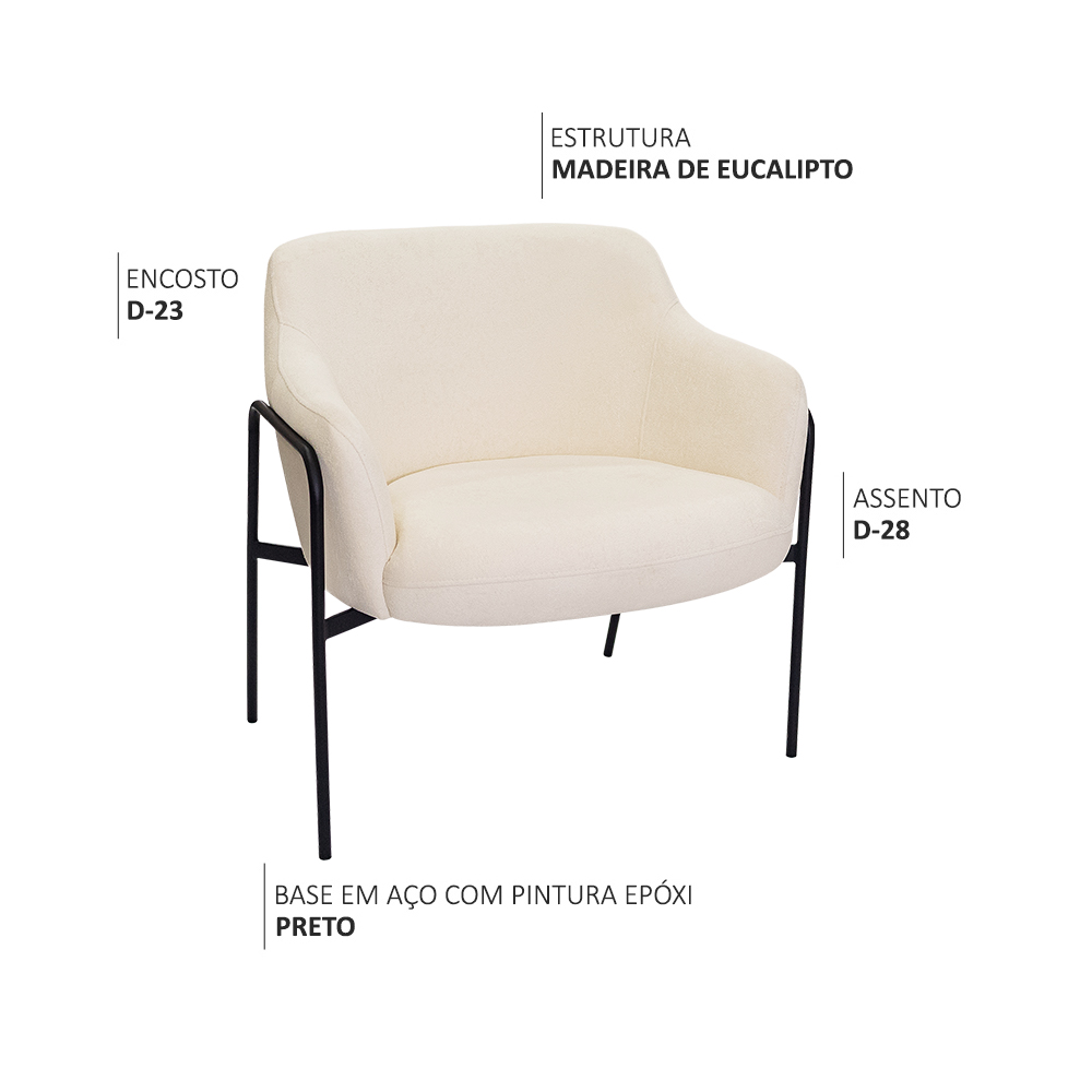 Kit 02 Poltronas Decorativas Jade Base Aço Preto Bouclé Off White - Nexta Casa