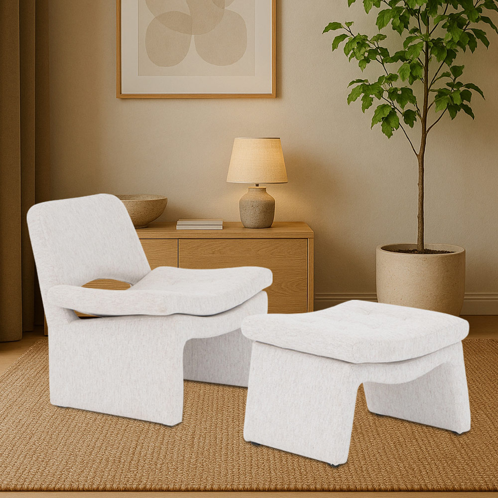 Kit Poltrona com Puff Bella Linho Off White Mesclado - Nexta Casa
