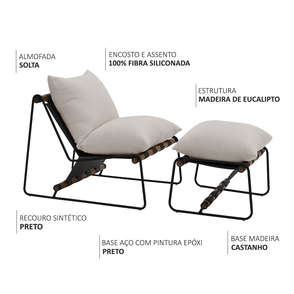 Kit Poltrona com Puff Turim Base Aço Preto Recouro Black Linho Off White - Nexta Casa