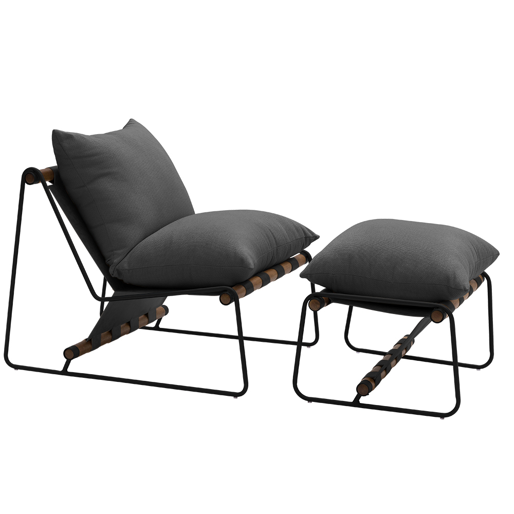 Kit Poltrona com Puff Turim Base Aço Preto Recouro Black Poliéster Cinza - Nexta Casa