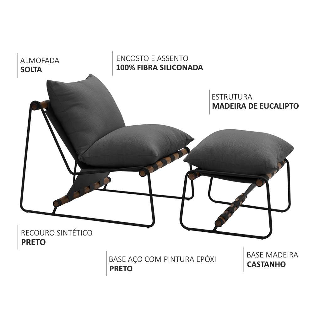 Kit Poltrona com Puff Turim Base Aço Preto Recouro Black Poliéster Cinza - Nexta Casa