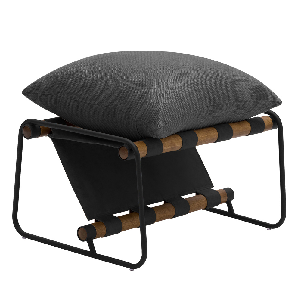 Kit Poltrona com Puff Turim Base Aço Preto Recouro Black Poliéster Cinza - Nexta Casa