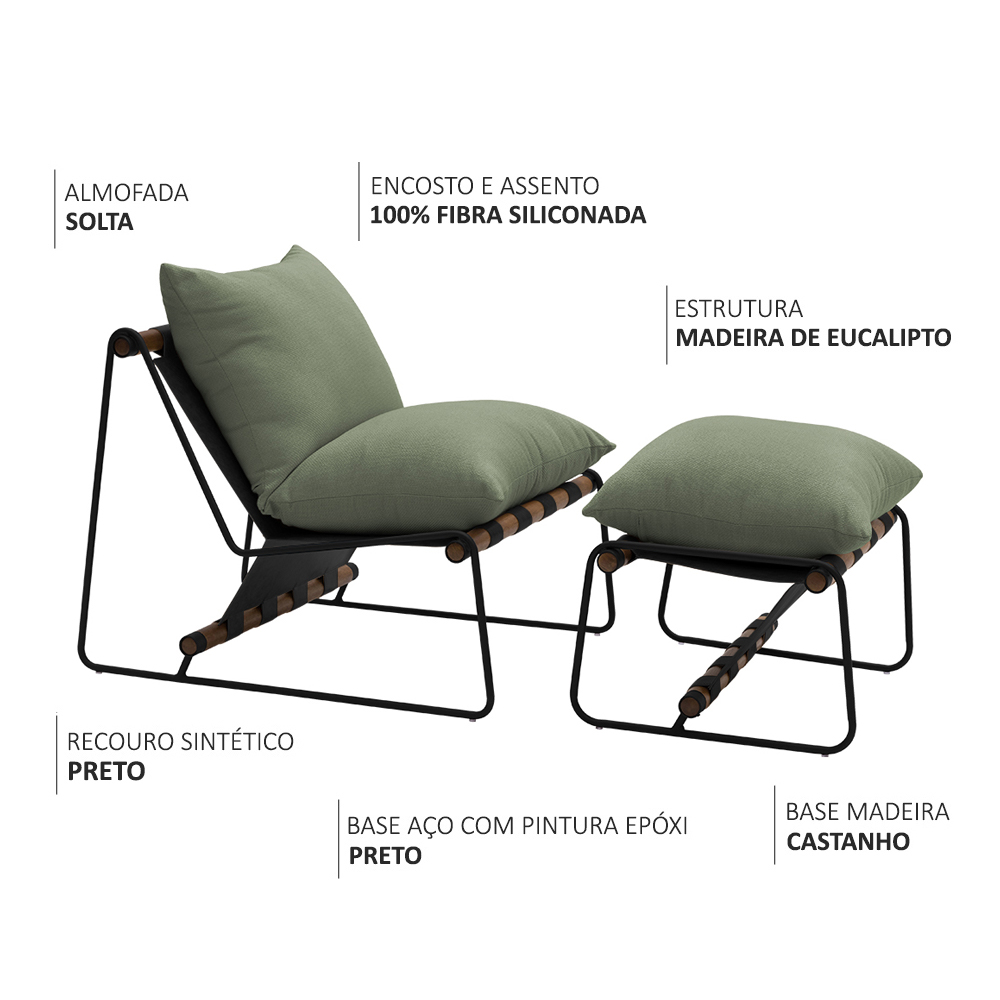 Kit Poltrona com Puff Turim Base Aço Preto Recouro Black Poliéster Verde - Nexta Casa