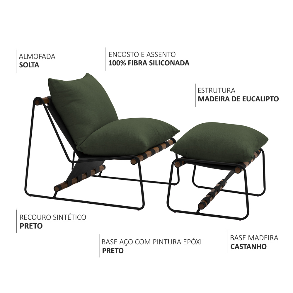 Kit Poltrona com Puff Turim Base Aço Preto Recouro Black Poliéster Verde Musgo - Nexta Casa