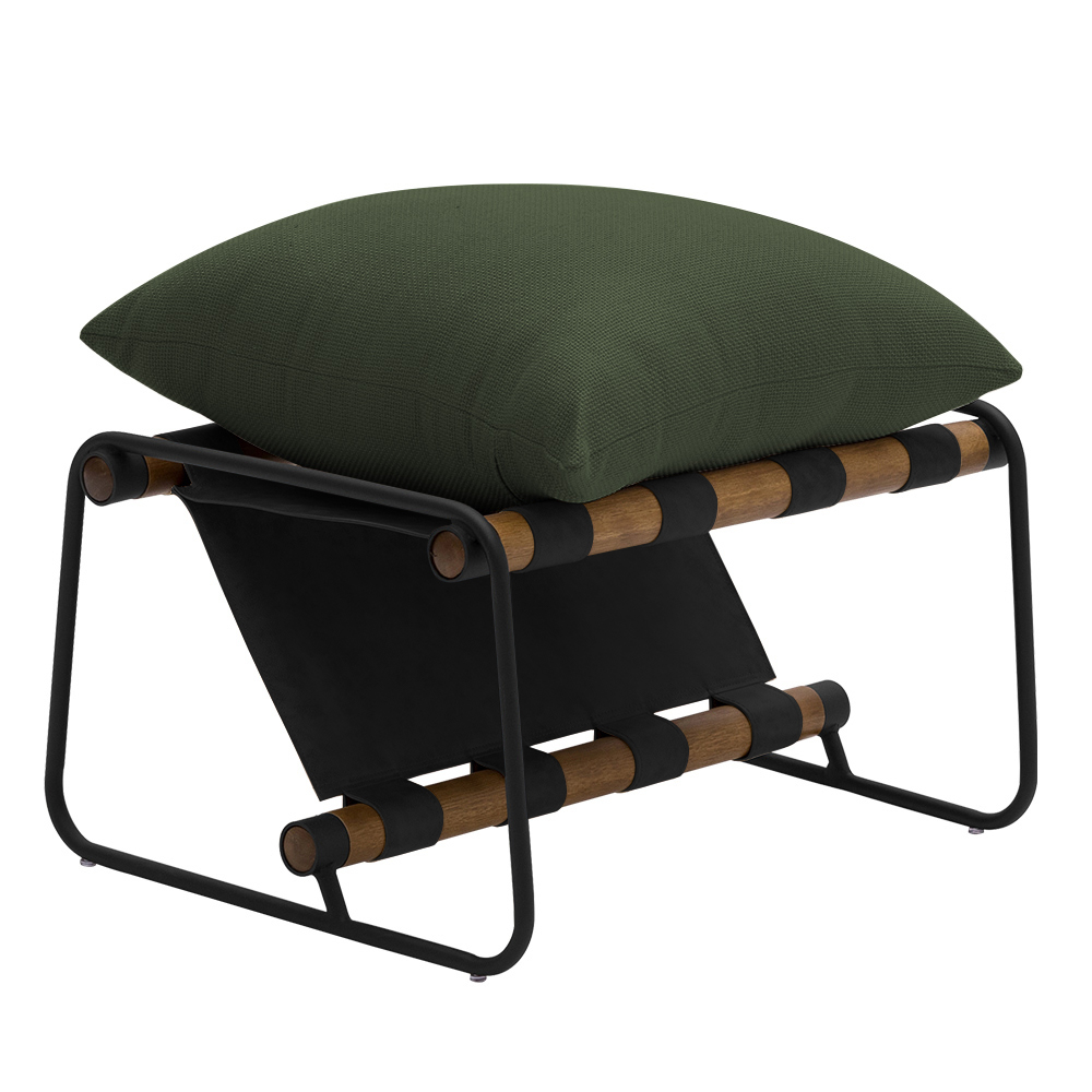 Kit Poltrona com Puff Turim Base Aço Preto Recouro Black Poliéster Verde Musgo - Nexta Casa