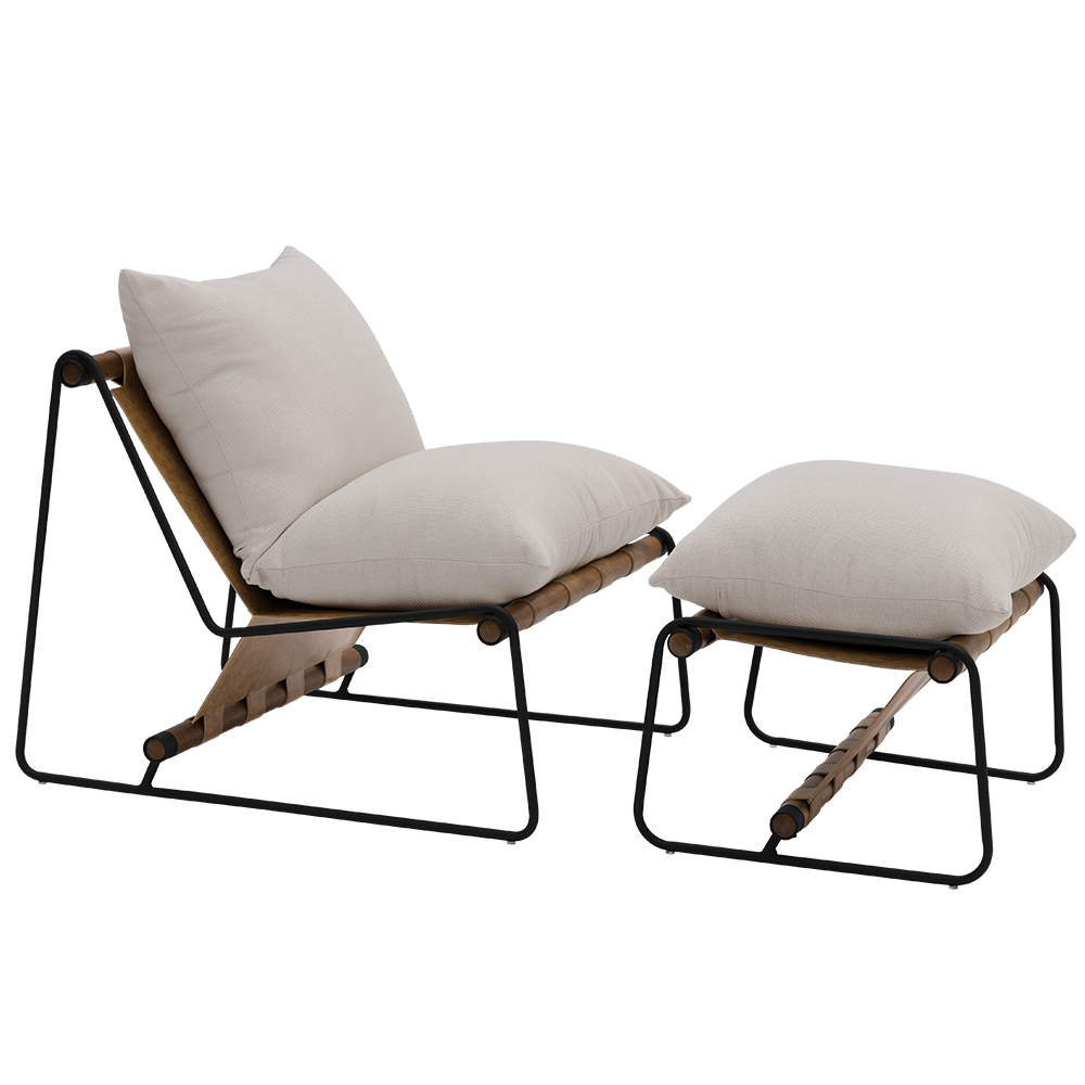 Kit Poltrona com Puff Turim Base Aço Preto Recouro Camel Linho Off White - Nexta Casa