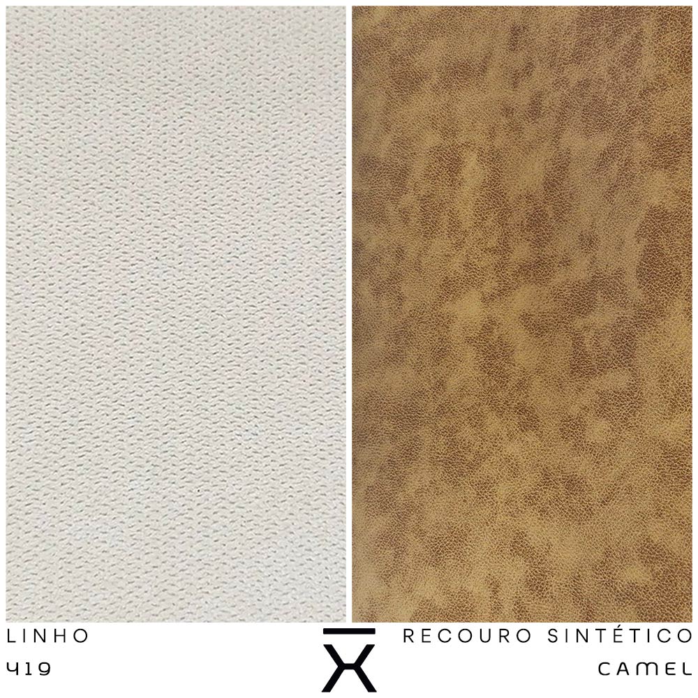 Kit Poltrona com Puff Turim Base Aço Preto Recouro Camel Linho Off White - Nexta Casa